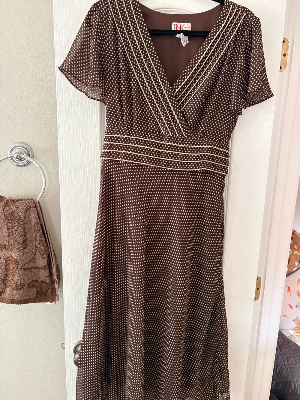 RK Brown Polka Dot Midi Dress with Cream Trim
